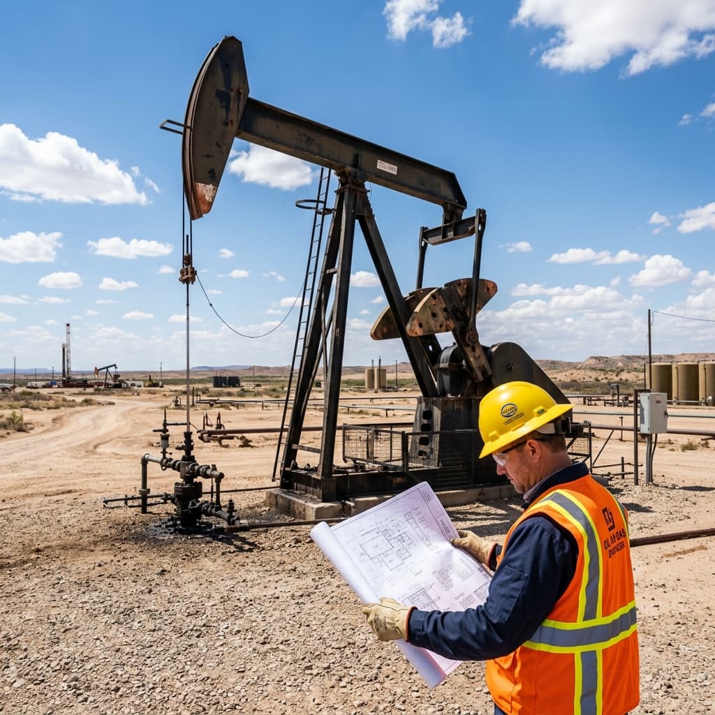 Oil pumpjack operating in a field with engineer